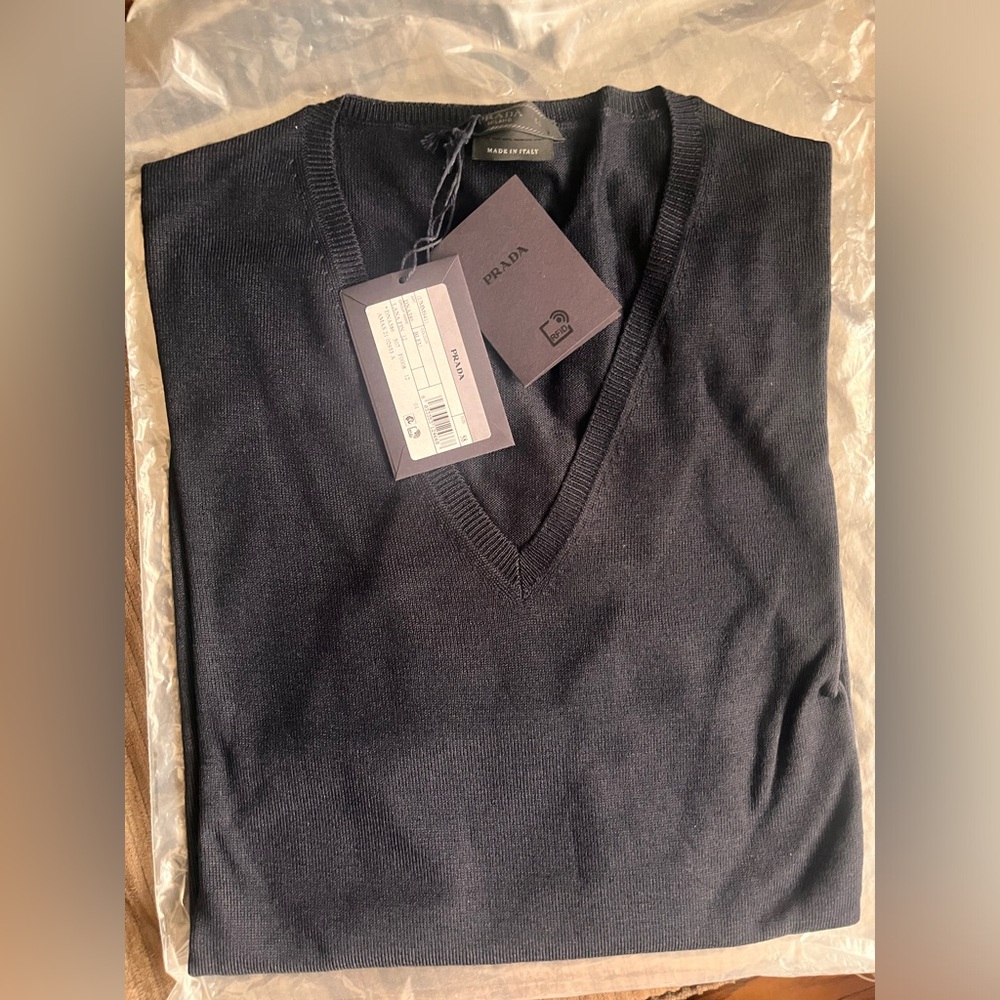 Prada men’s V-neck sweater. Navy blue. Brand new. Size 58